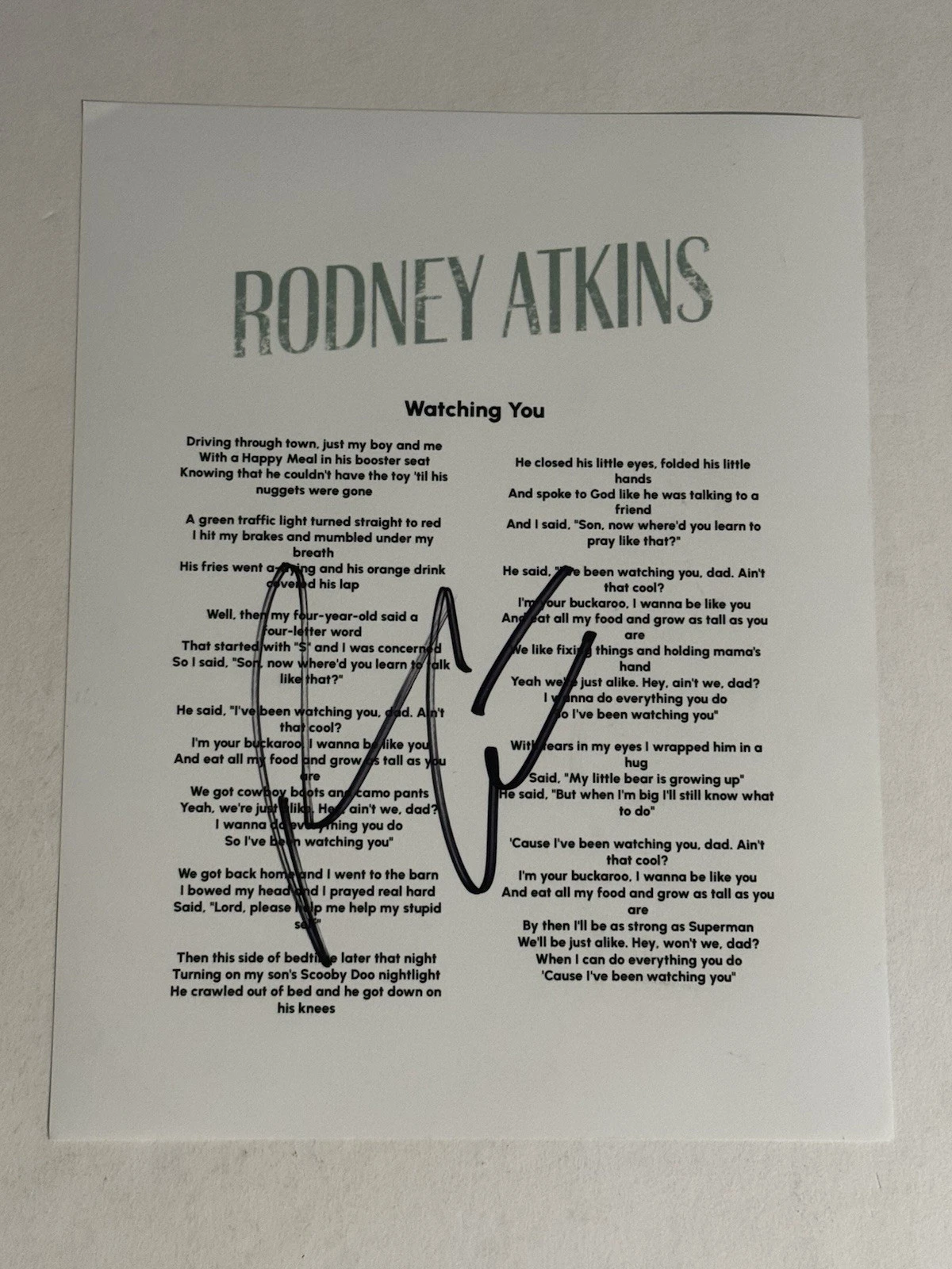 RODNEY ATKINS HAND SIGNED LYRIC SHEET AUTOGRAPHED COUNTRY SINGER RARE COA