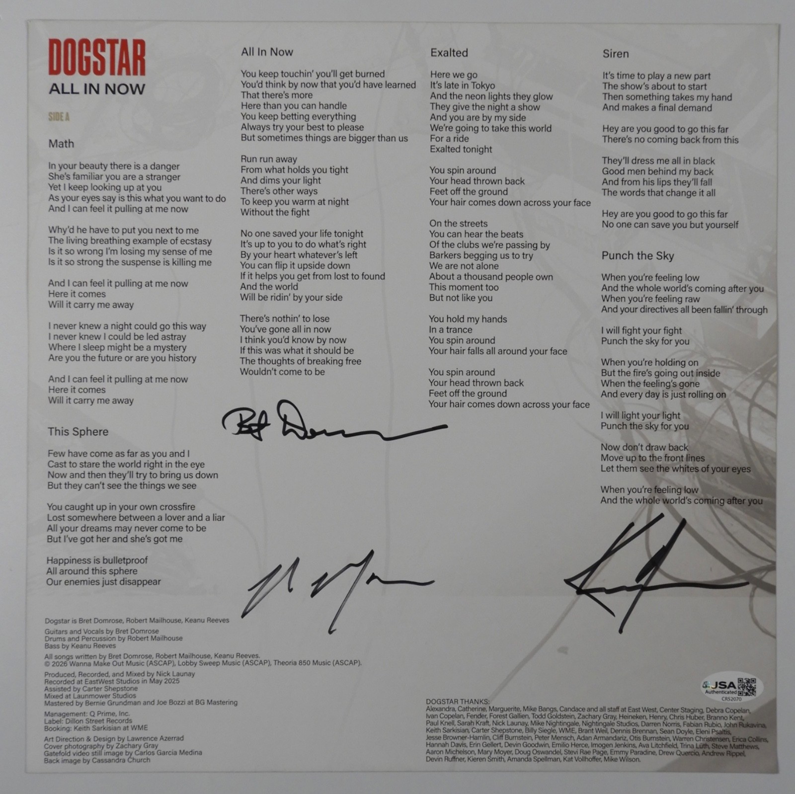 Keanu Reeves JSA Autograph Signed Album Vinyl Record Album Dogstar