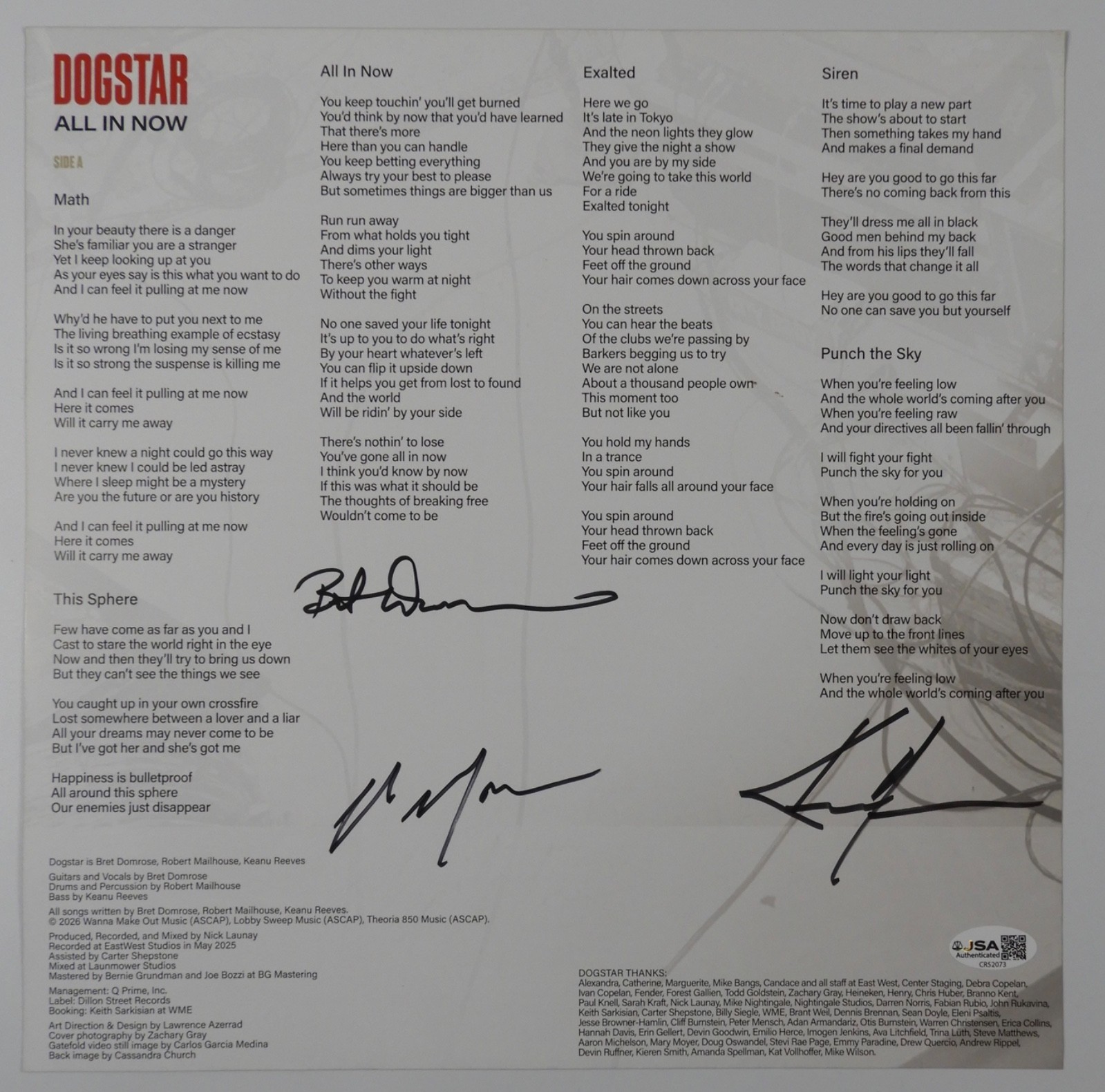 Keanu Reeves JSA Autograph Signed Album Vinyl Record Album Dogstar