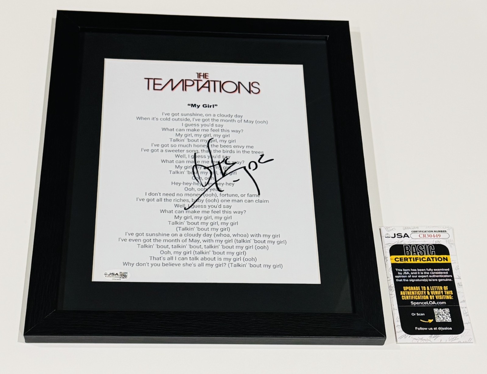 OTIS WILLIAMS SIGNED FRAMED MY GIRL LYRIC SHEET THE TEMPTATIONS JSA COA