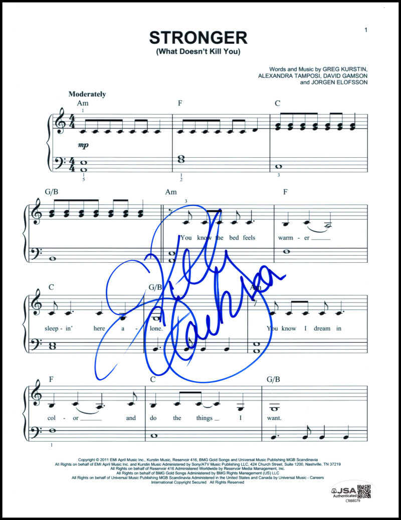 Kelly Clarkson Signed Autograph Stronger Sheet Music - Full Signature! JSA COA