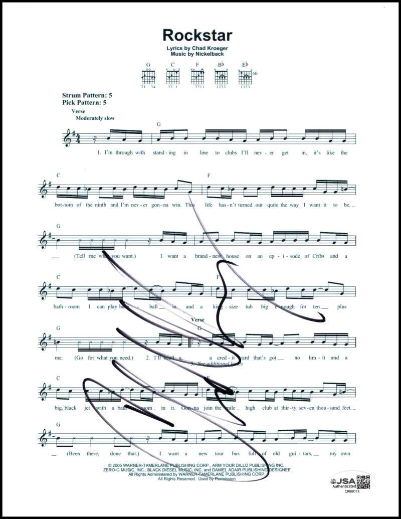 Chad Kroeger Nickelback Signed Autograph Rockstar Sheet Music w/ JSA COA