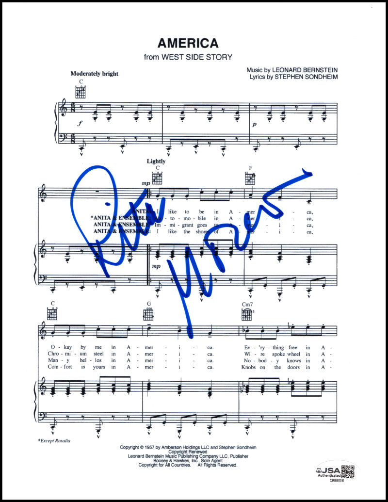 Rita Moreno Signed Autograph America Sheet Music - Anita West Side Story JSA COA