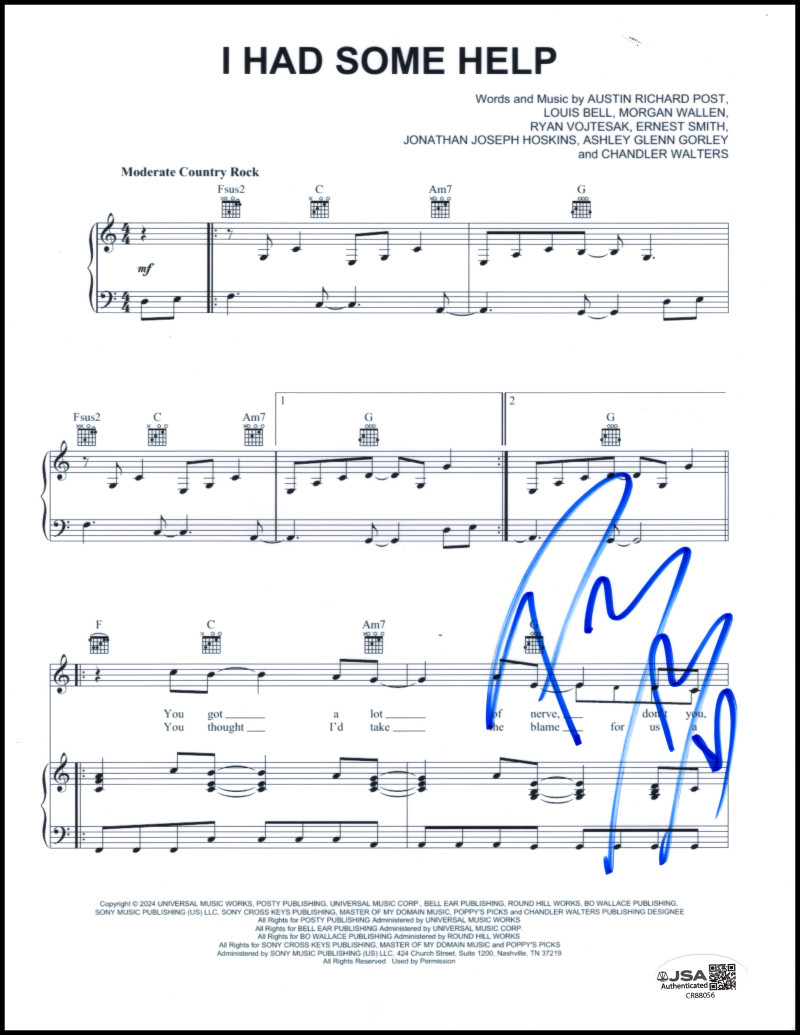 Post Malone Signed Autograph I Had Some Help Sheet Music w/ Morgan Wallen - JSA