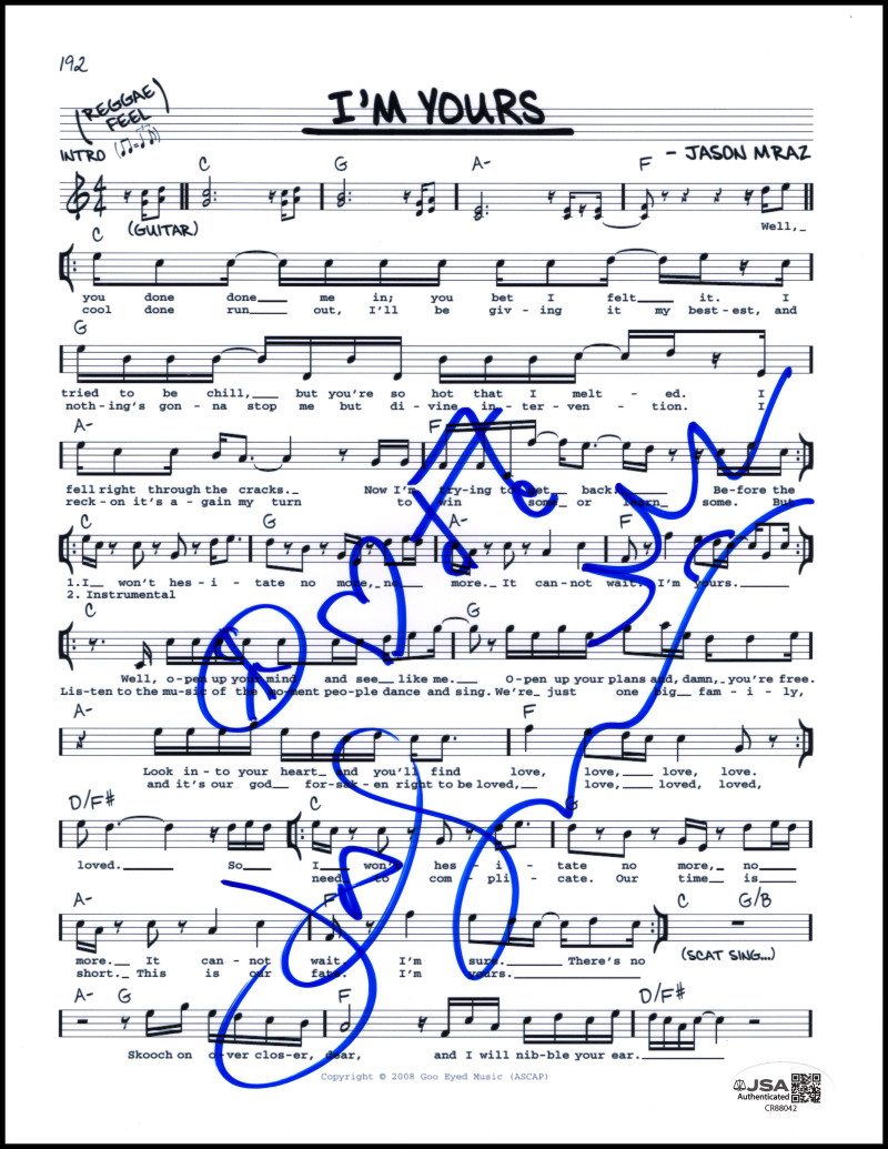 Jason Mraz Signed Autograph I'm Yours Sheet Music - We Sing. We Dance. JSA COA
