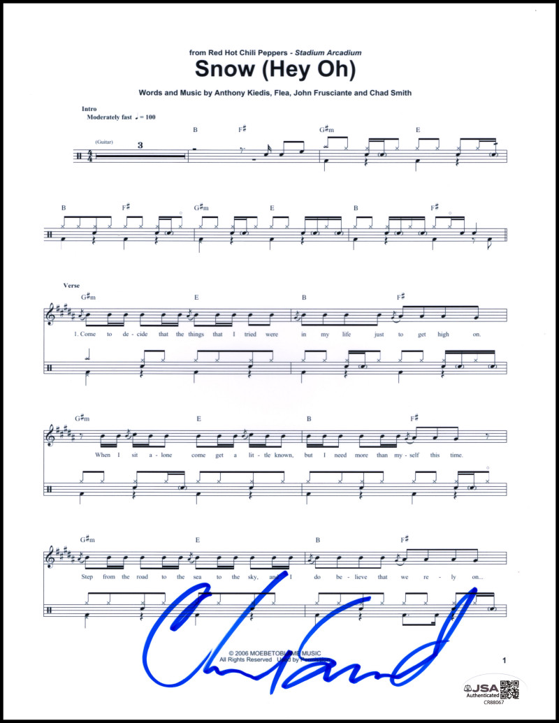Chad Smith Signed Autograph RHCP Chili Peppers Snow Hey Oh Sheet Music JSA COA