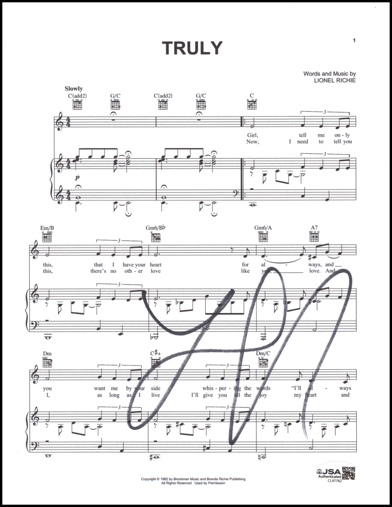 Lionel Richie Signed Autograph Truly Sheet Music - First #1 Solo Hit w/ JSA COA