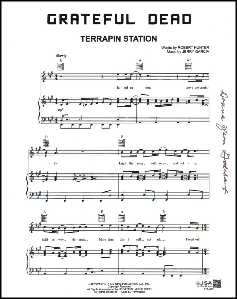 Donna Jean Godchaux Signed Autograph Terrapin Station Sheet Music w/ JSA COA