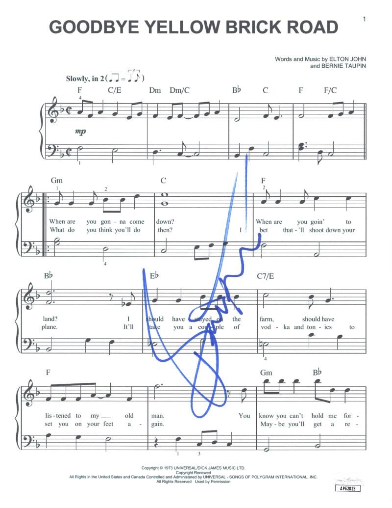 Bernie Taupin Signed Autograph Goodbye Yellow Brick Road Sheet Music w/ JSA COA