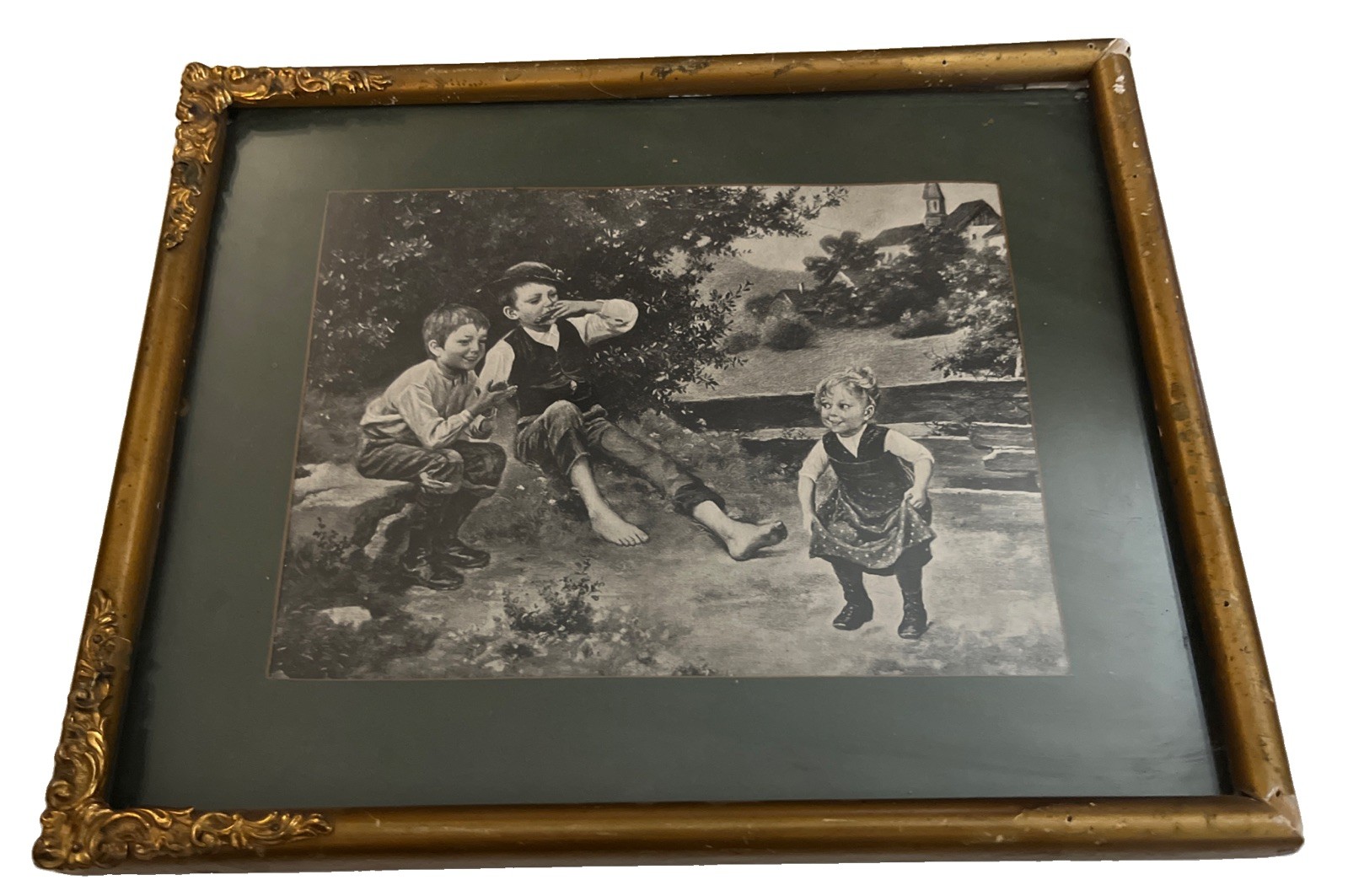 Vintage Framed Print of Girl Dancing & 2 Boys Laughing 8.5