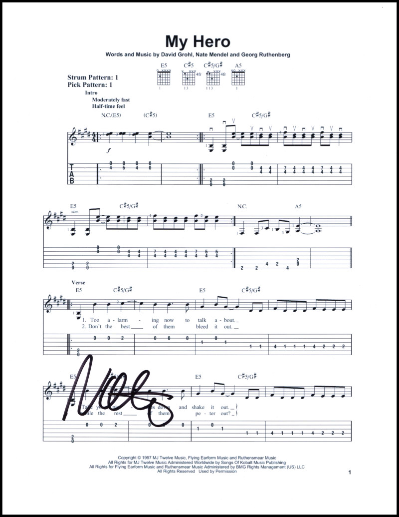 Nate Mendel Signed Autograph Foo Fighters My Hero Sheet Music w/ Dave Grohl