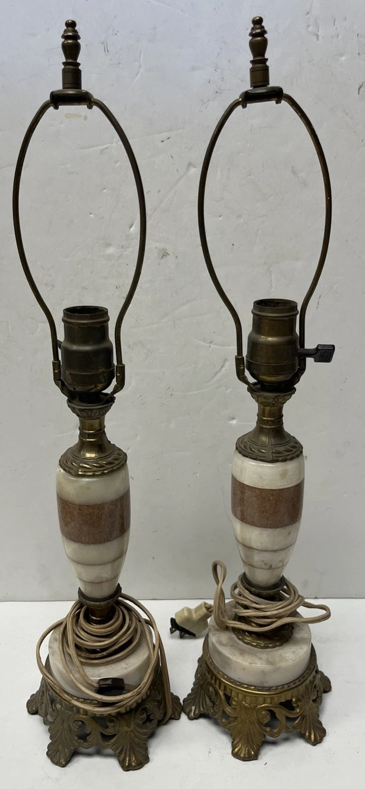 2 Vintage Art Deco Eagle Electronics 21” Set of Marble & Brass Table Lamps