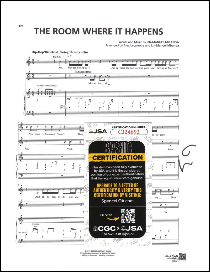 Lin-Manuel Miranda Signed Autograph Hamilton Room Where It Happens Sheet Music