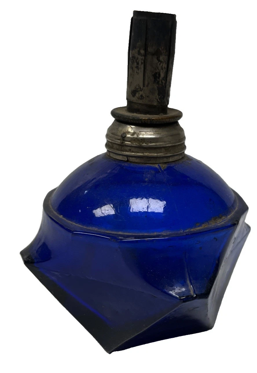 Rare Antique 1883 Cobalt Blue Faceted Jewelers Alcohol Glass Lamp NICE