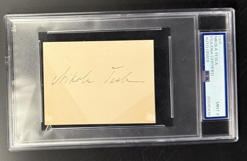 Nikola Tesla Rare History Signed Full Autograph PSA/DNA COA Slab Cut Card Mint 9