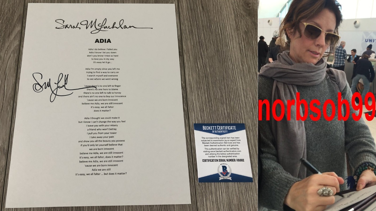 SARAH MCLACHLAN SIGNED AUTOGRAPH ADIA LYRIC SHEET w/EXACT PROOF BECKETT BAS COA