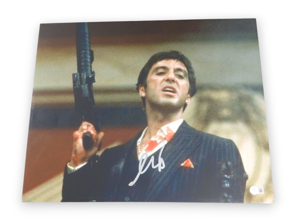 AL PACINO SIGNED AUTOGRAPHED 16X20 CANVAS PHOTO SCARFACE HOLDING GUN BAS BW76769 COLLECTIBLE MEMORABILIA