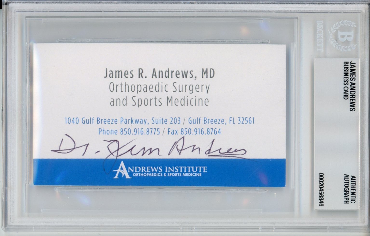DR JAMES ANDREWS SIGNED BUSINESS CARD BAS BECKETT COA AUTO TOMMY JOHN SURGERY