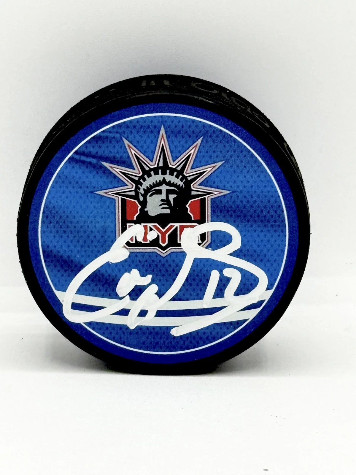 Eddie Olczyk signed New York Rangers Reverse Retro Puck JSA Witnessed