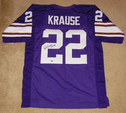 PAUL KRAUSE AUTOGRAPHED CUSTOM JERSEY (VIKINGS) W/ PROOF! - LEAF COA!