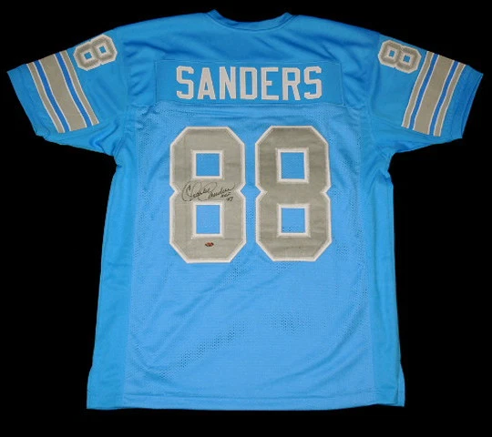 CHARLIE SANDERS AUTOGRAPHED CUSTOM JERSEY (LIONS) W/ PROOF! - LEAF COA!