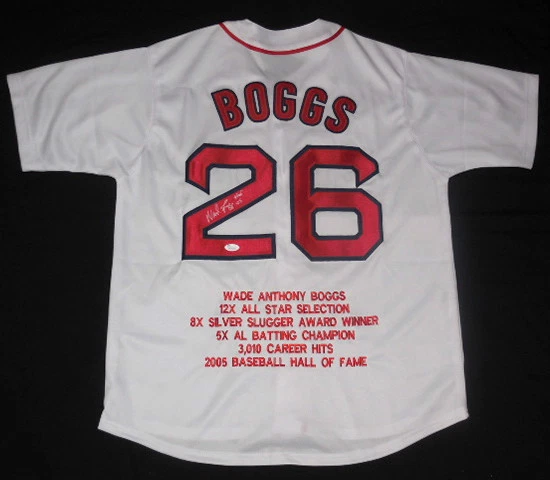 WADE BOGGS AUTOGRAPHED STAT JERSEY (RED SOX) W/ PROOF - JSA COA!