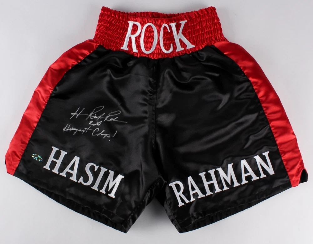 HASIM RAHMAN AUTOGRAPHED BOXING TRUNKS (THE ROCK) W/ PROOF! - MAB HOLOGRAM!