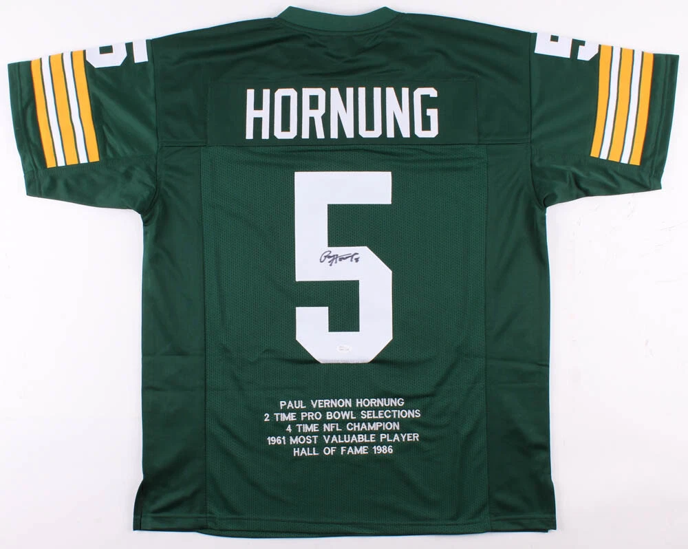 PAUL HORNUNG AUTOGRAPHED CUSTOM STAT JERSEY (GREEN BAY PACKERS) - JSA COA!
