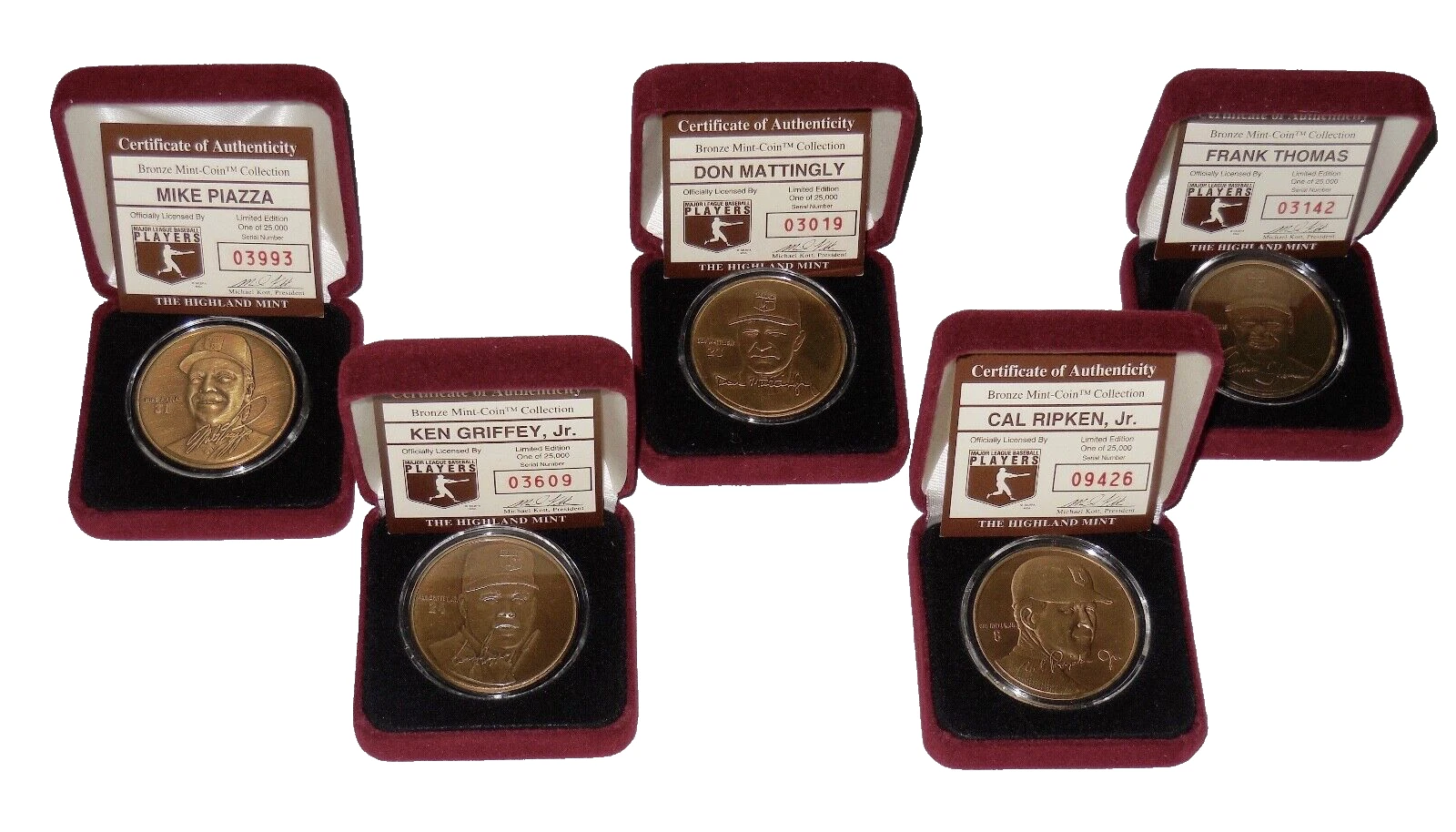 LOT OF 5 HIGHLAND MINT BRONZE COINS - Griffey, Ripken, Mattingly, Thomas, Piazza