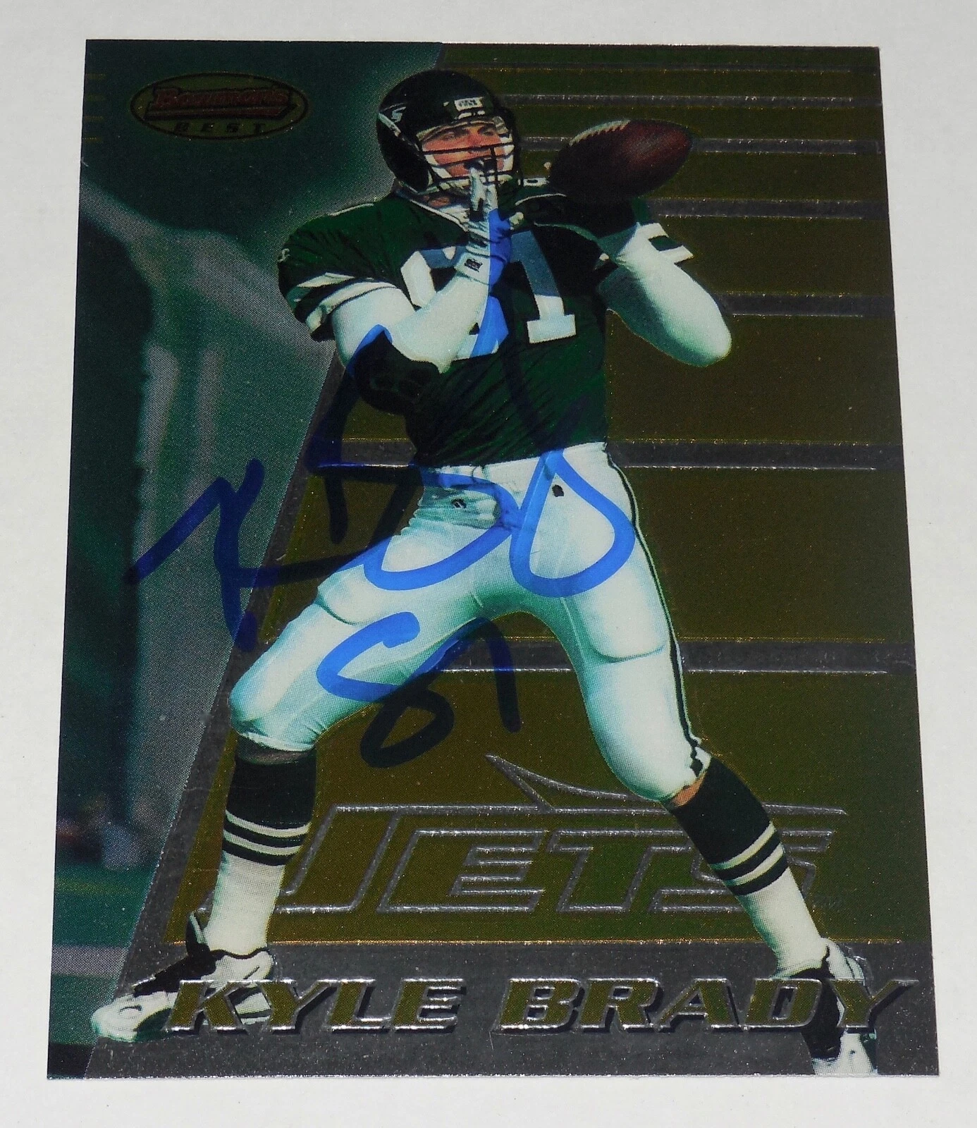 KYLE BRADY 1996 BOWMANS BEST AUTOGRAPHED FOOTBALL CARD (NEW YORK JETS)