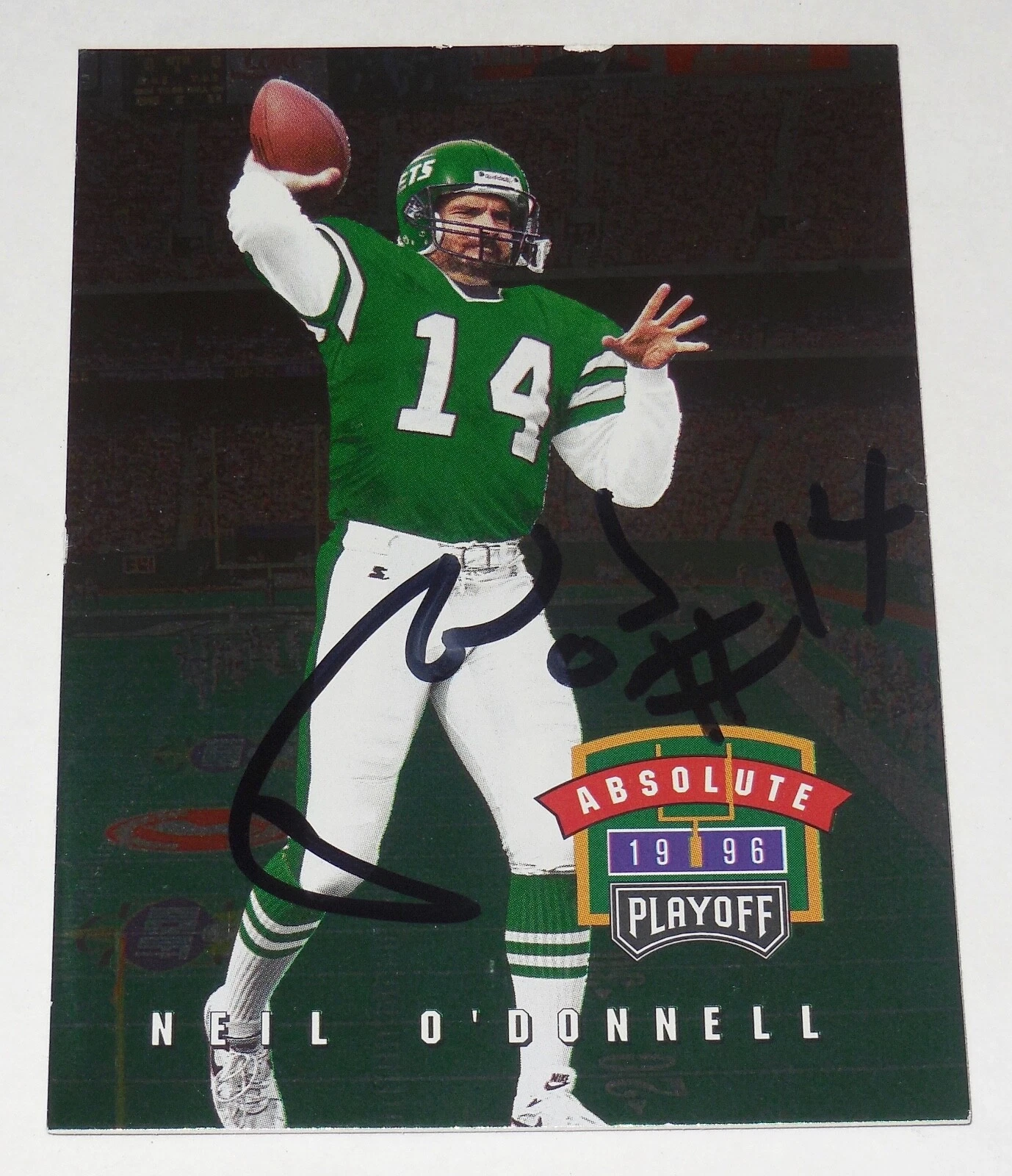 NEIL O'DONNELL 1996 ABSOLUTE PLAYOFF AUTOGRAPHED FOOTBALL CARD (NEW YORK JETS)