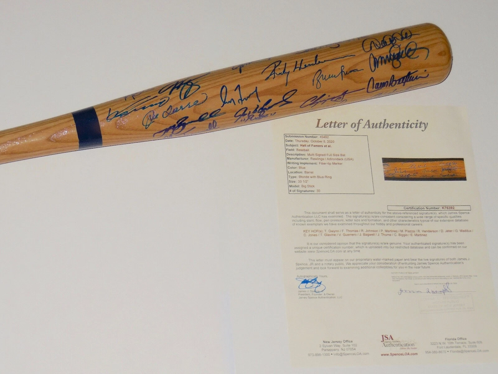 HALL OF FAME SIGNED BAT (30 AUTOGRAPHS) - JSA! - Derek Jeter, Rickey Henderson,