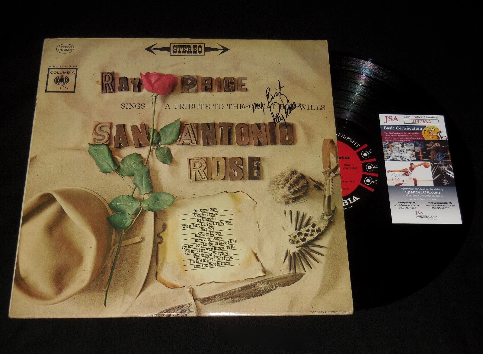 RAY PRICE AUTOGRAPHED VINYL RECORD ALBUM (SAN ANTONIO ROSE) - JSA COA!
