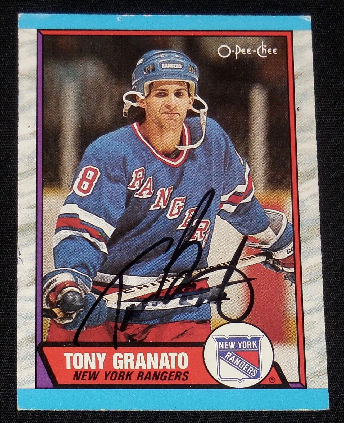 TONY GRANATO AUTOGRAPHED 1989-90 O-PEE-CHEE ROOKIE HOCKEY CARD (RANGERS)