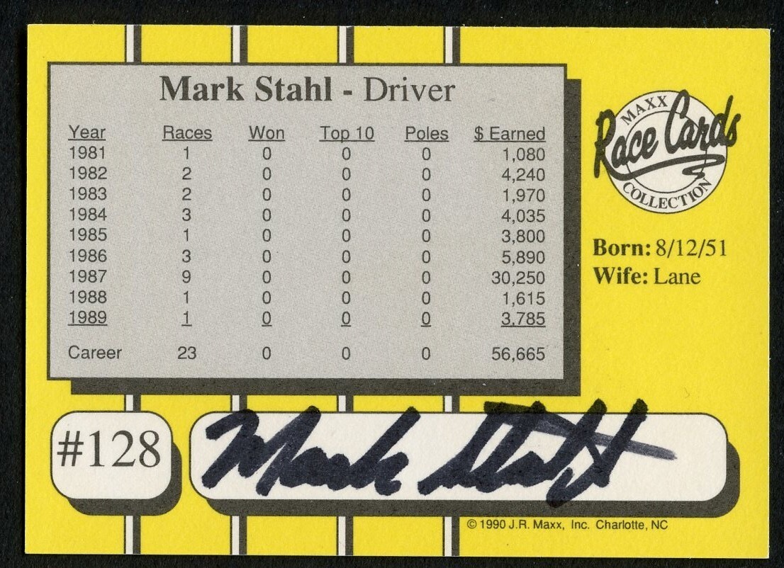 Mark Stahl #128 signed autograph auto 1990 Maxx NASCAR Racing Trading Card
