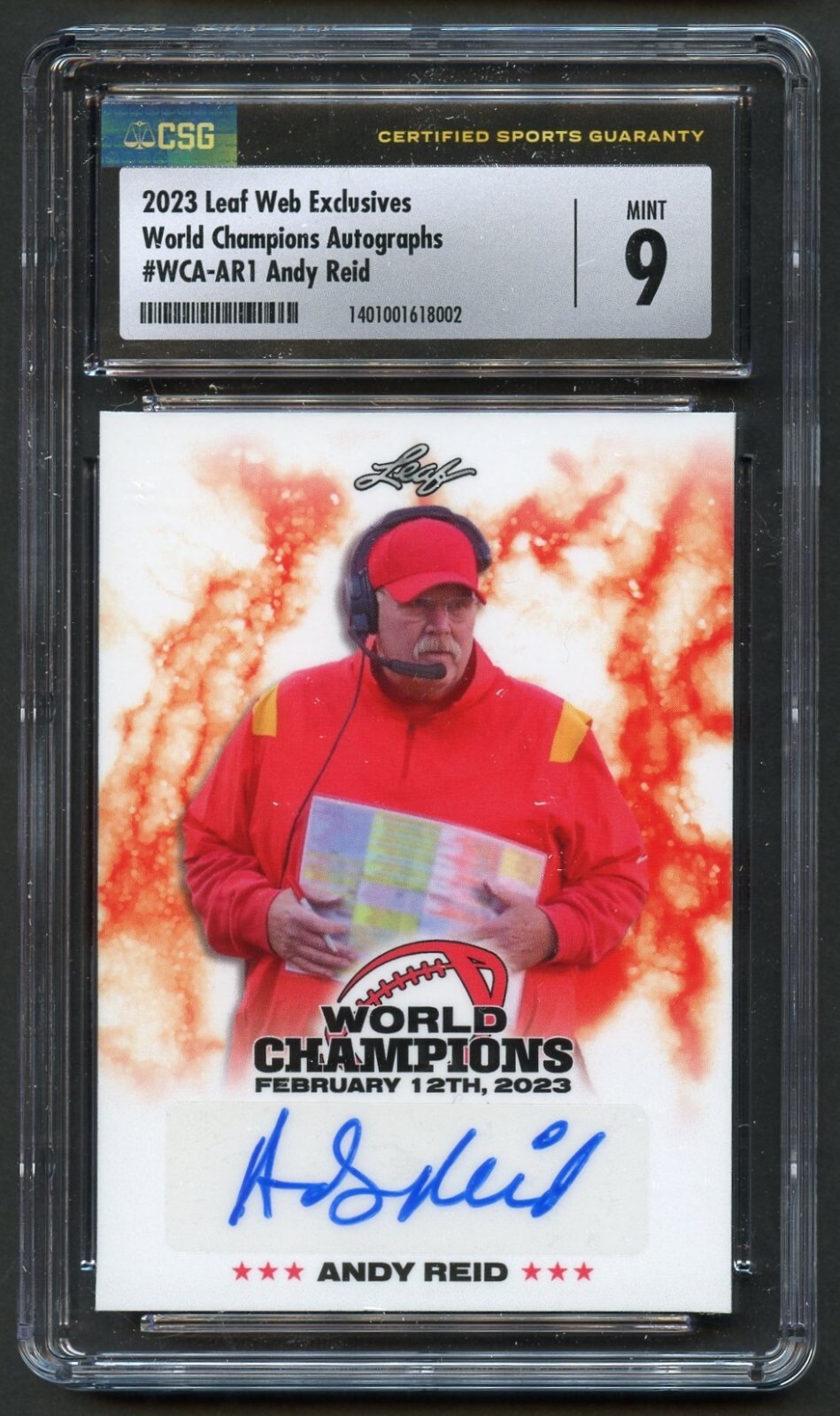 Andy Reid #WCA-AR1 World Champions 2023 Football Card 60/79 CSG 9 Auto 10