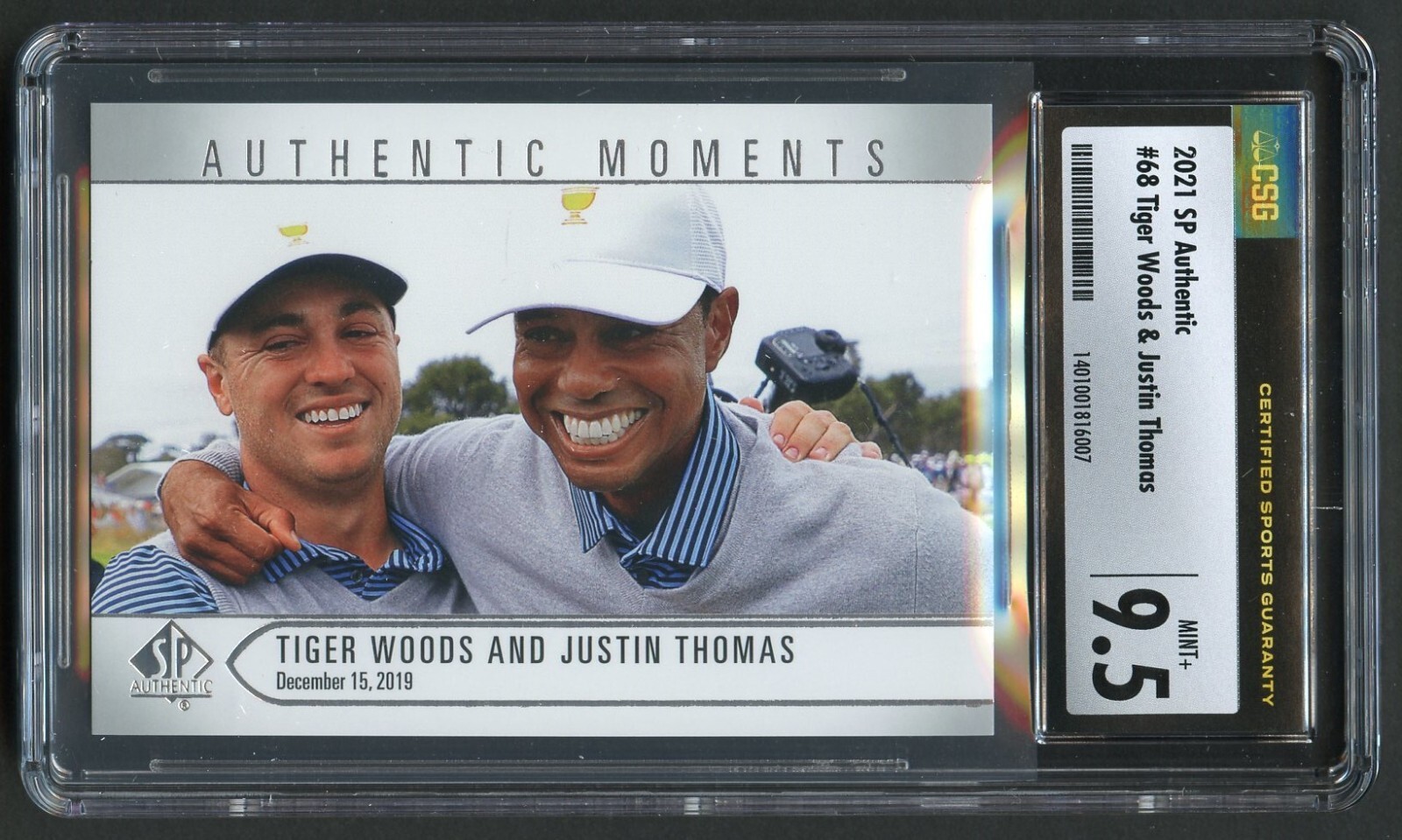 Justin Thomas & Tiger Woods 2021 SP Authentic Moments Golf Card #68 CSG 9.5 Mt