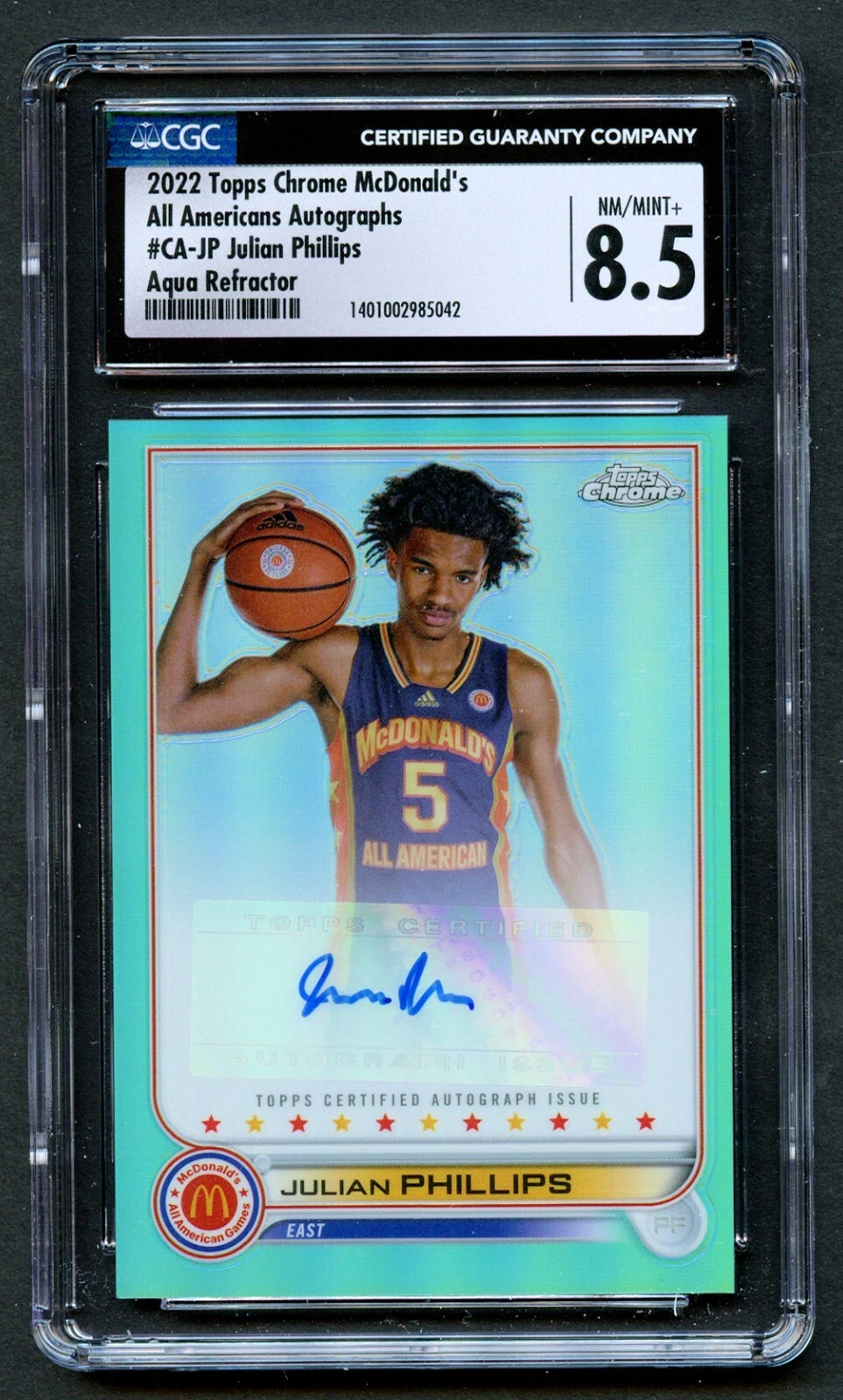 Julian Phillips 2022 Topps Chrome McDonald's All Americans Autographs Aqua CGC