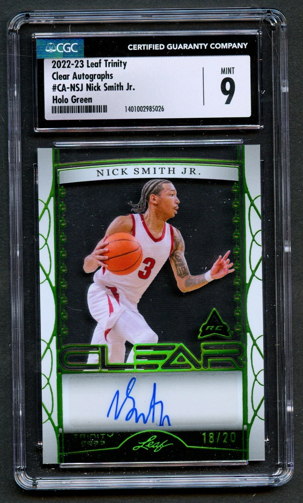 Nick Smith Jr. Leaf 2022-23 Trinity Clear Autographs Holo Green 18/20 CGC 9