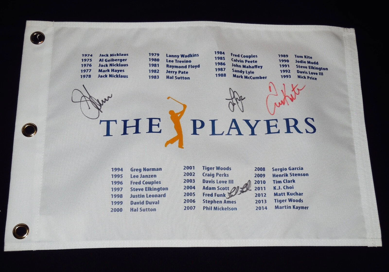 PLAYERS CHAMPIONSHIP AUTOGRAPHED GOLF FLAG (4 WINNERS) - Kite, Janzen, Funk, Ame