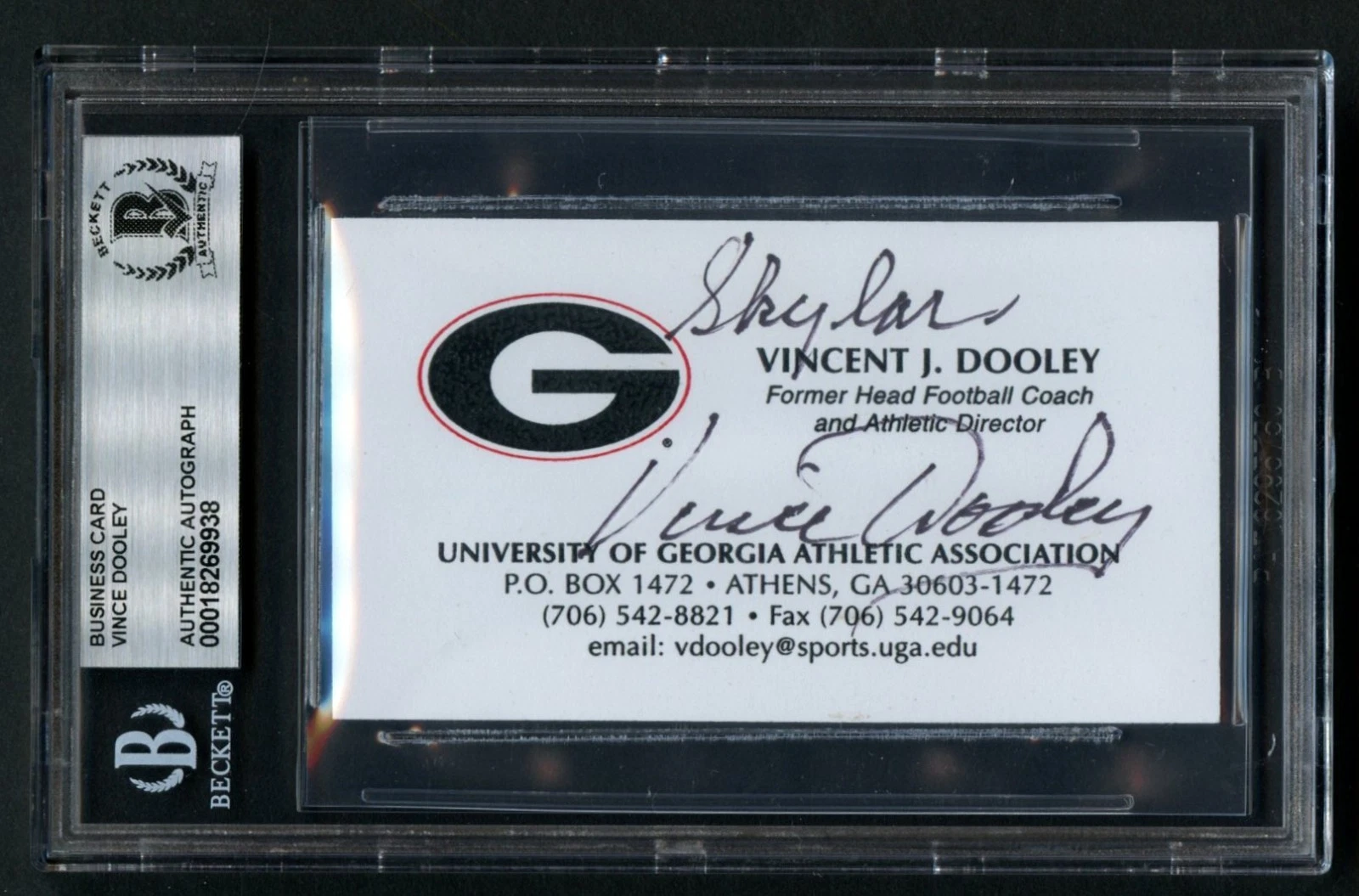 Vince Doodley signed autograph Head Coach University Georgia Business Card BAS