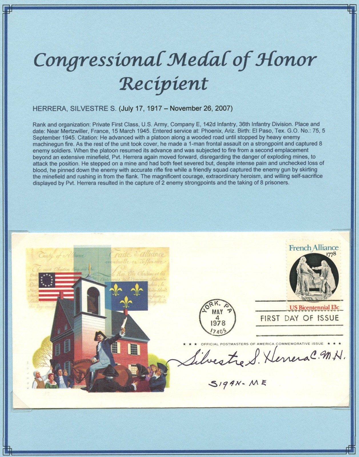 Silvestre S Herrera d2007 signed autograph FDC USA Army WWII MOH Recipient
