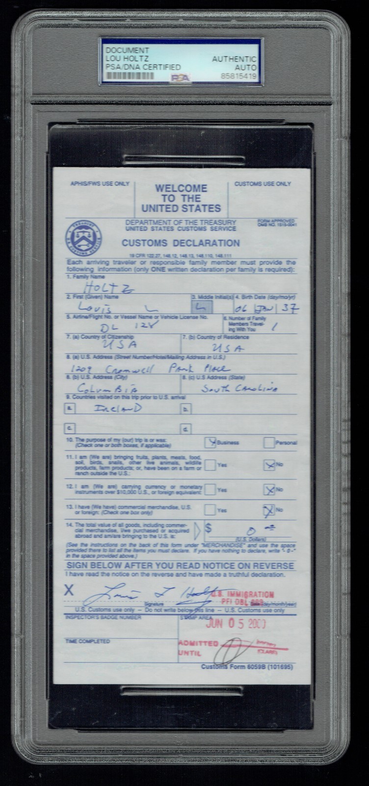 Lou Holtz signed autograph US Customs Declaration Form dated June 2000 PSA Slab