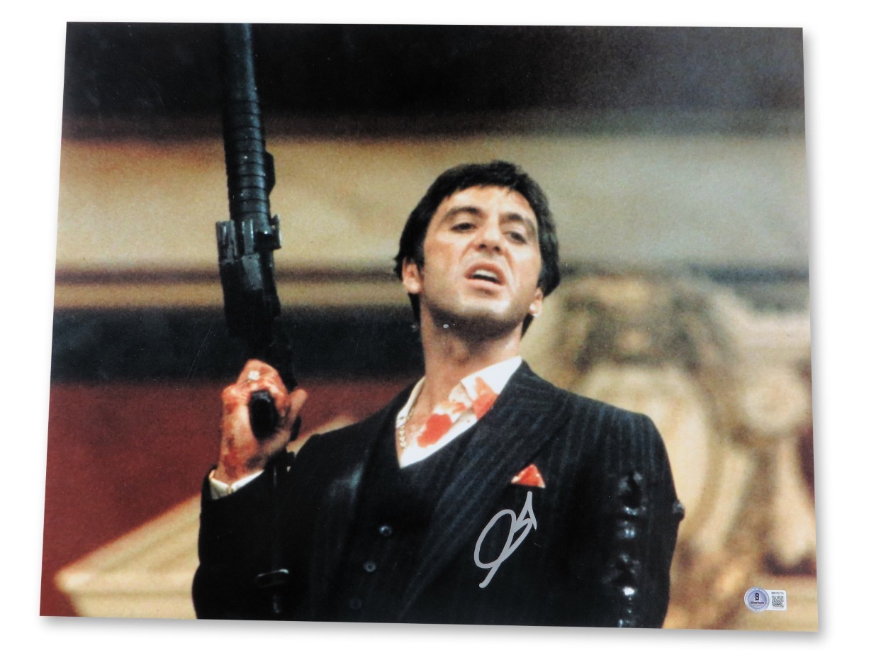 AL PACINO SIGNED AUTOGRAPHED 16X20 PHOTO SCARFACE HOLDING GUN BAS BW76774 COLLECTIBLE MEMORABILIA