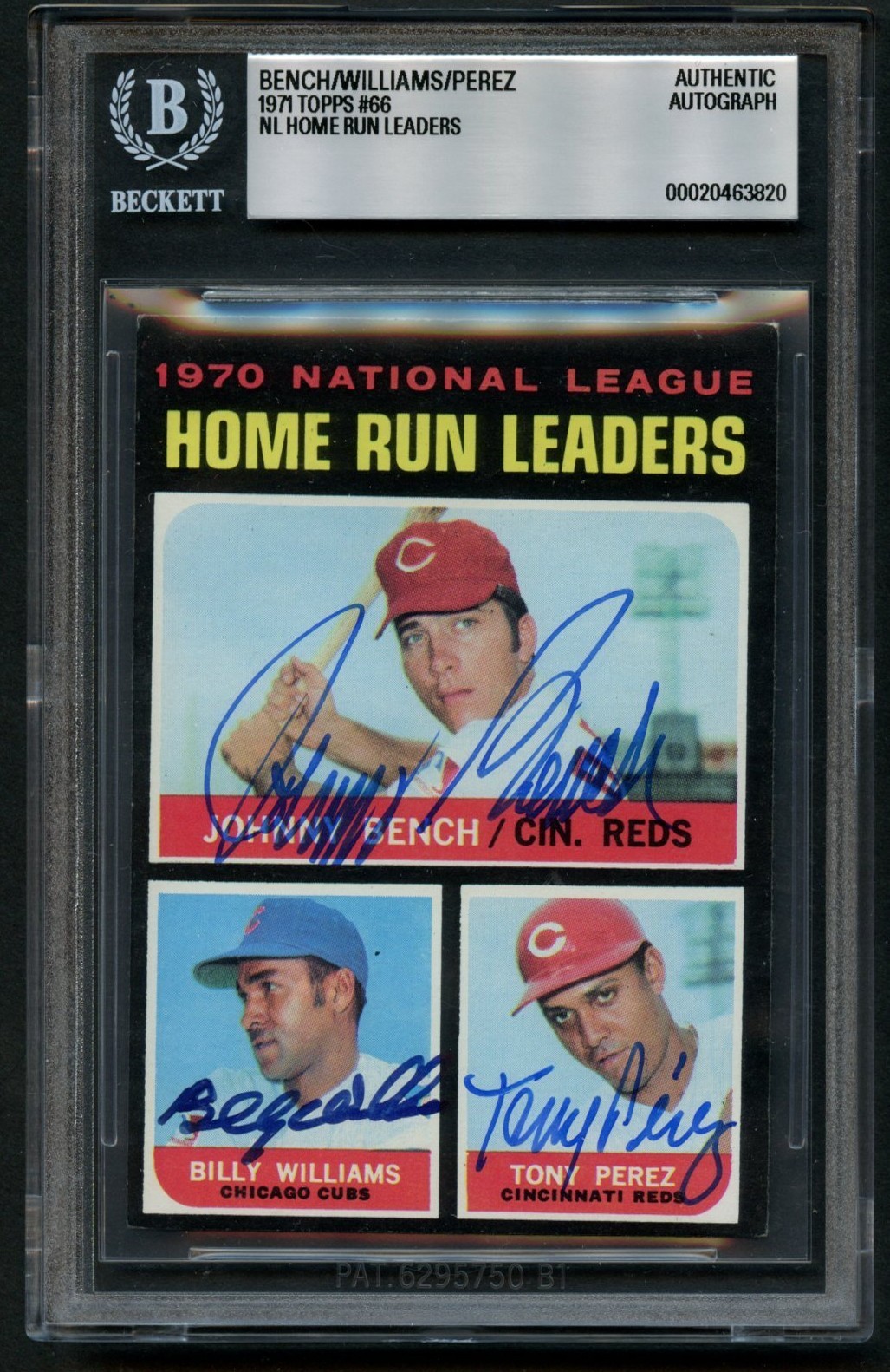 Johnny Bench, Billy Williams & Tony Perez #66 signed auto 1971 Topps BAS Slabbed