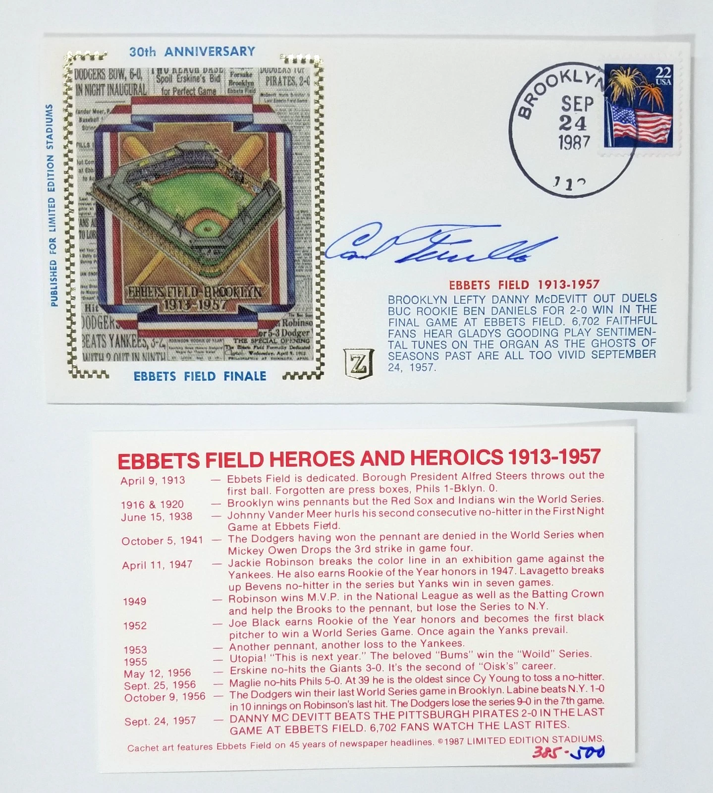 Carl Furillo SIGNED 1987 Ebbets Field First Day Cover FDC Envelope JSA COA MLB
