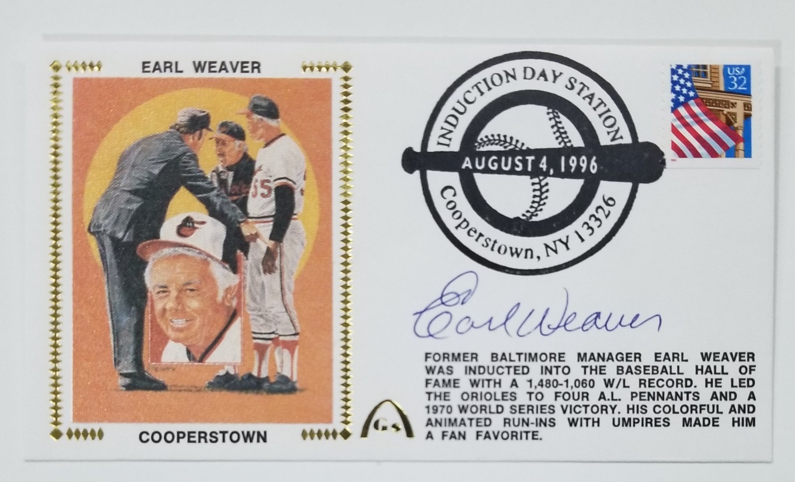 Earl Weaver SIGNED 1996 Hall Fame Induction First Day Cover FDC Envelope JSA COA