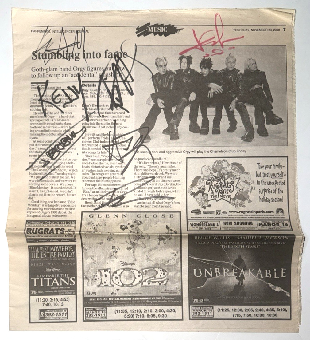 Orgy / Cold band REAL hand SIGNED 2000 Newspaper Ad COA Jay Gordon Autographed