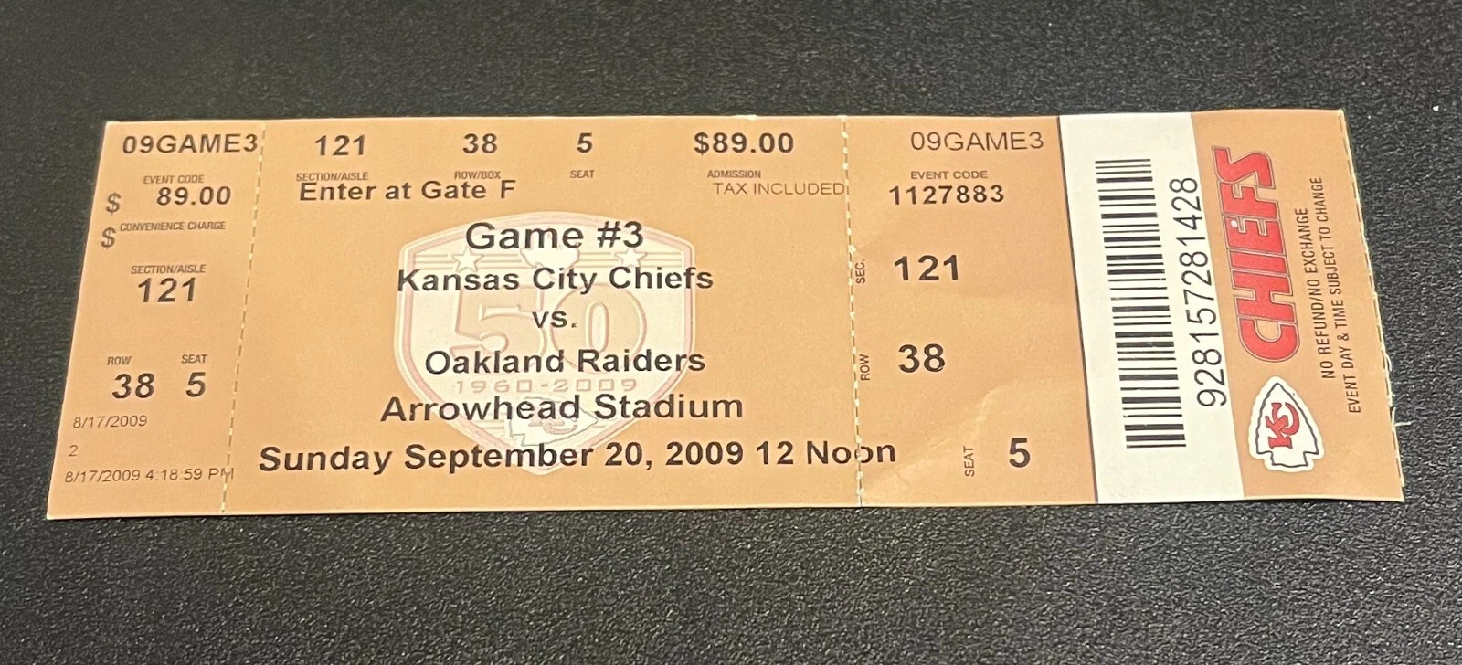 FOOTBALL TICKET STUB ARROWHEAD KANSAS CITY CHIEFS 2009 OAKLAND RAIDERS 9/20