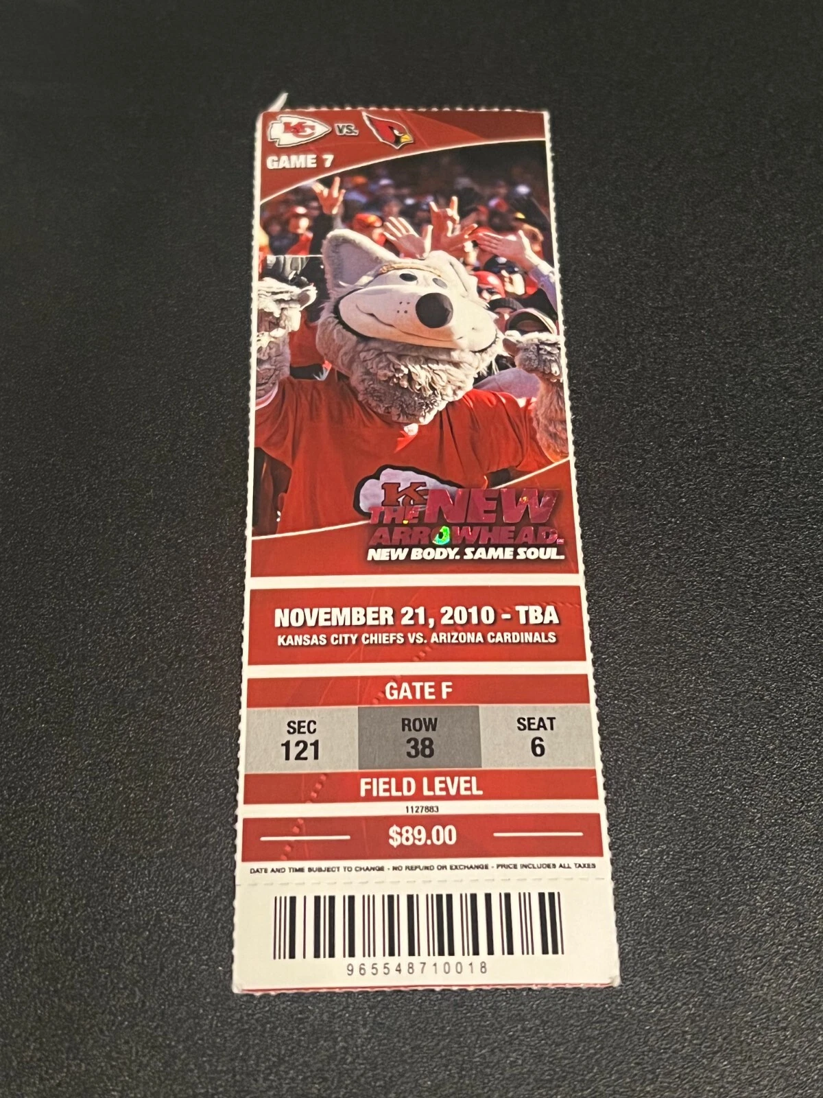 FOOTBALL TICKET STUB ARROWHEAD KANSAS CITY CHIEFS 2010 ARIZONA CARDINALS 11/21